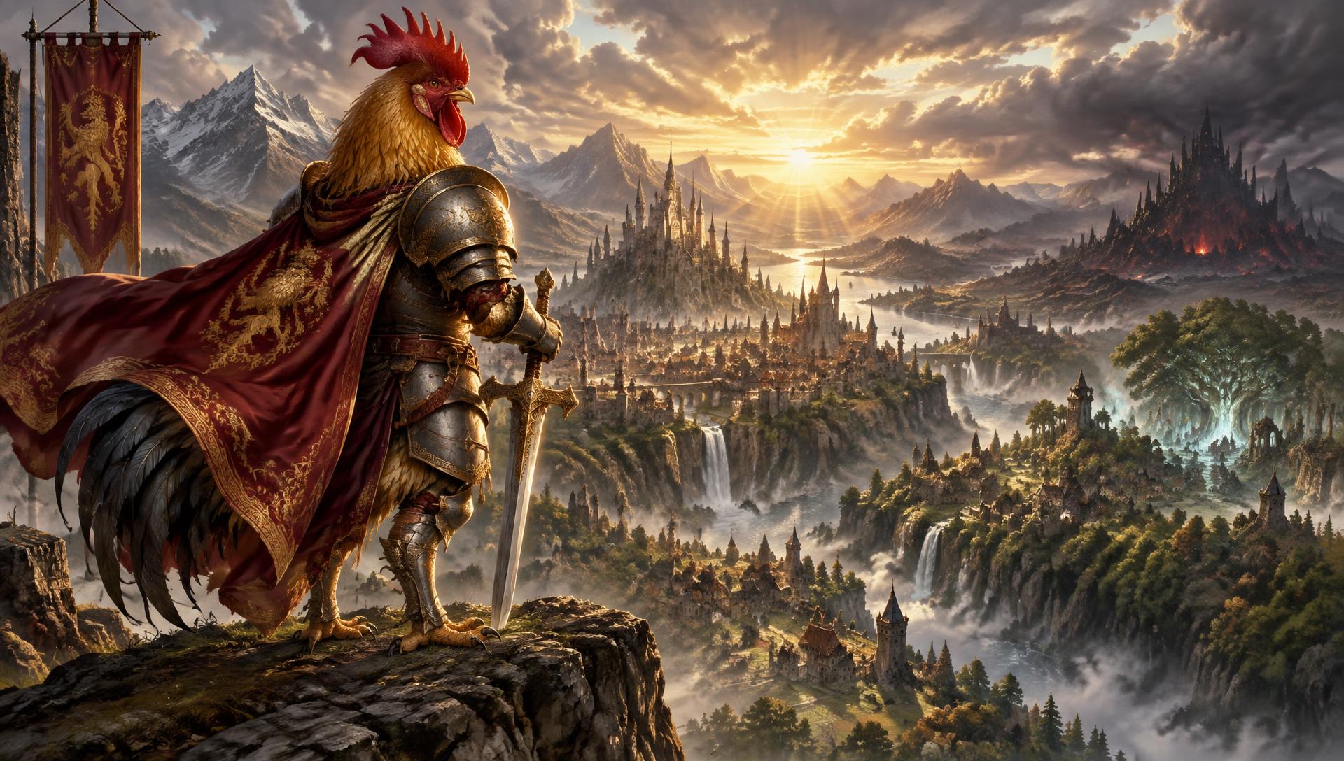 An armored rooster lord gazing over the realm at dawn